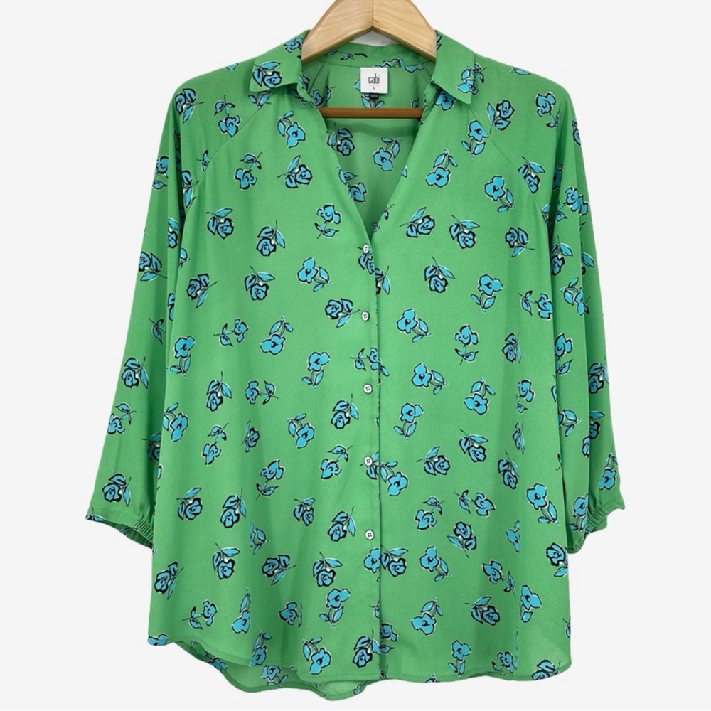 CAbi Green and Blue Floral Blouse